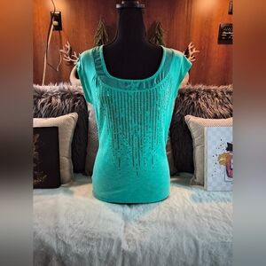 Self Esteem Aqua Short Sleeve Embellished Top